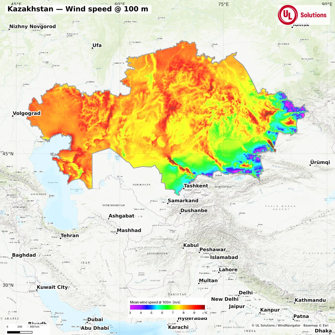 Wind speed map of Kazakhstan at 100m hub height