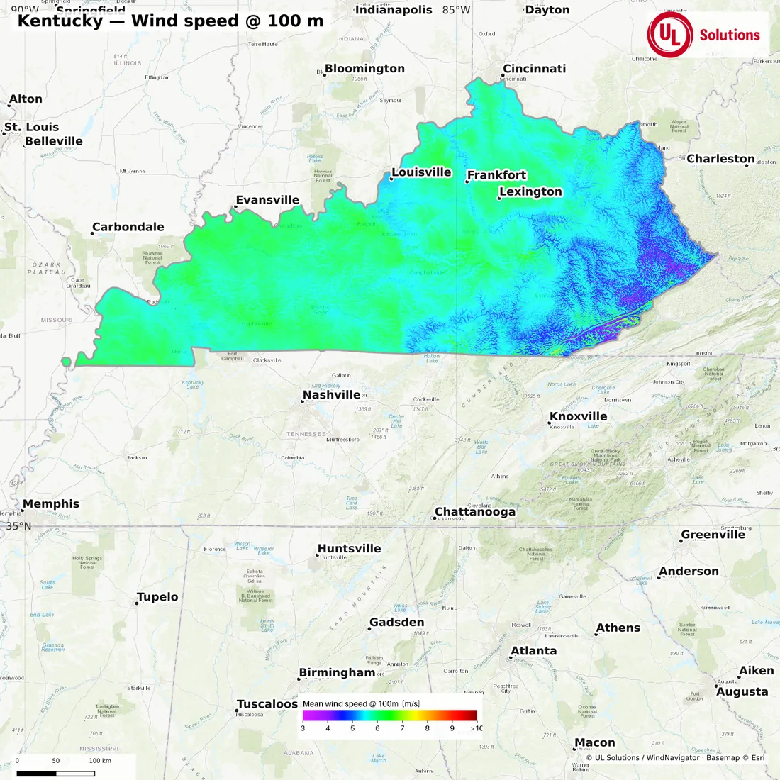 Wind speed map of Kentucky at 100m hub height