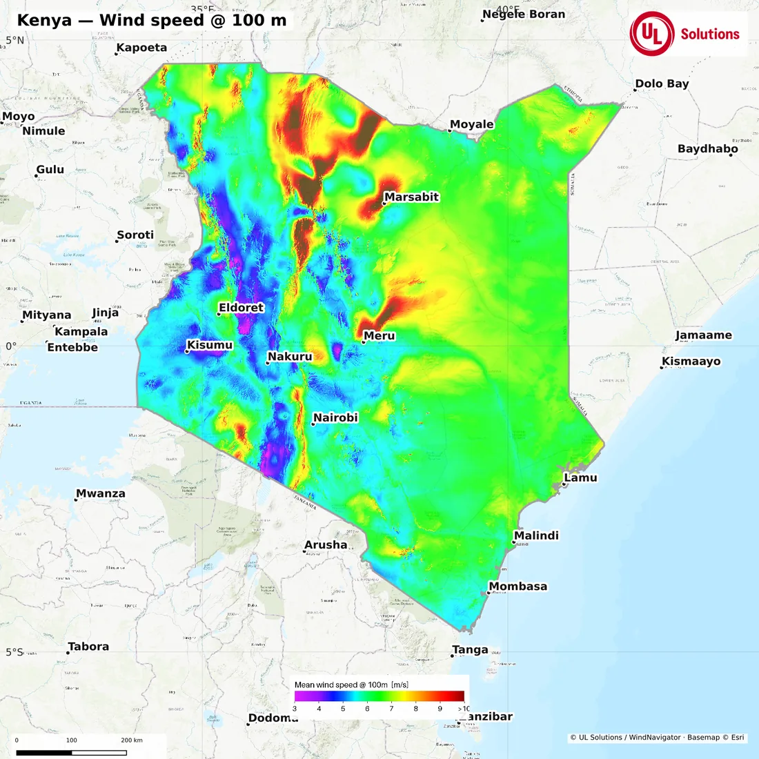 Wind speed map of Kenya at 100m hub height