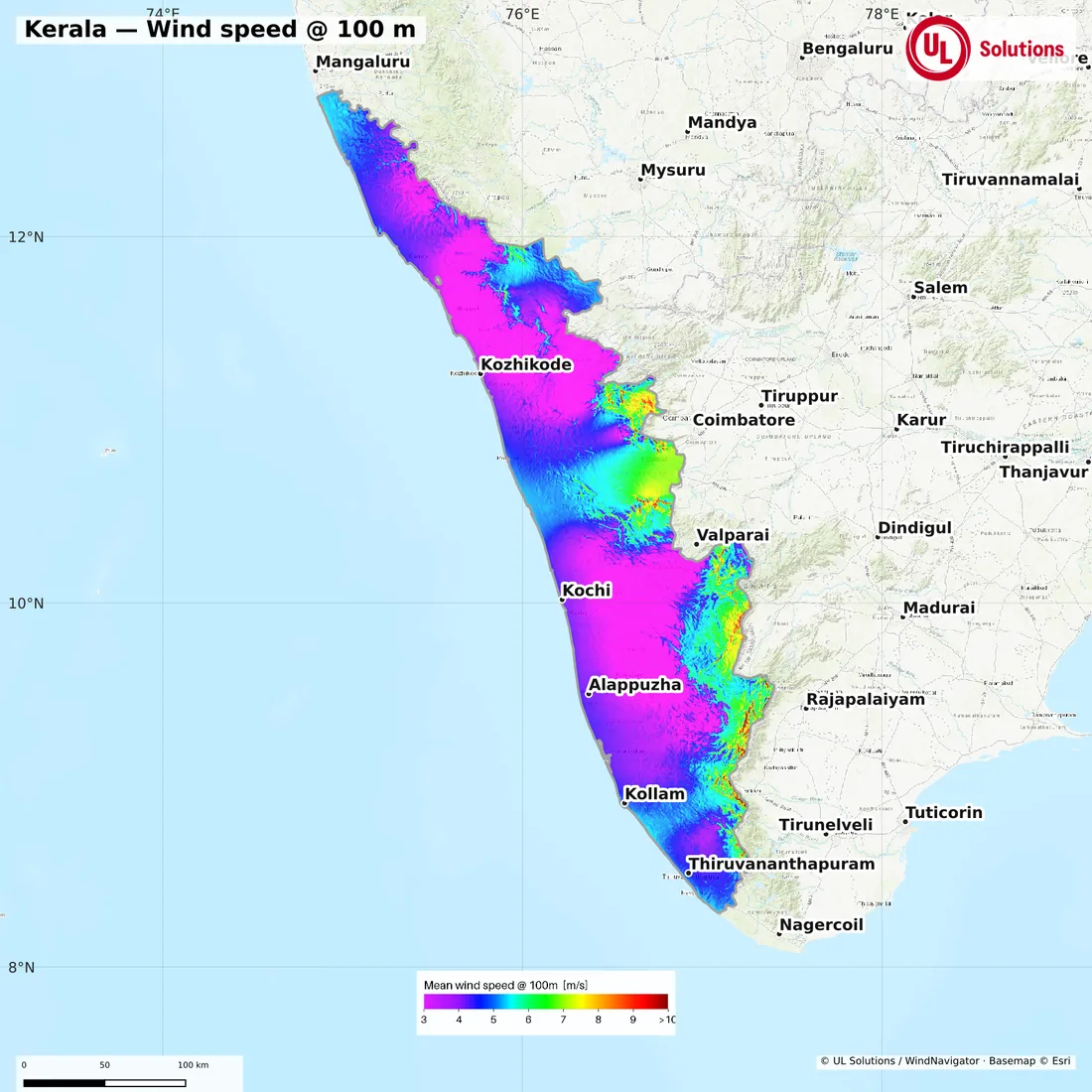 Wind speed map of Kerala at 100m hub height