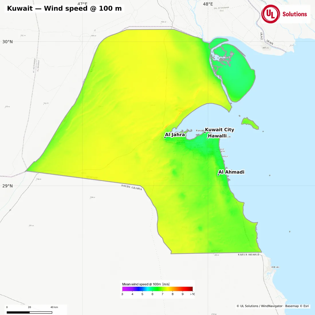 Wind speed map of Kuwait at 100m hub height