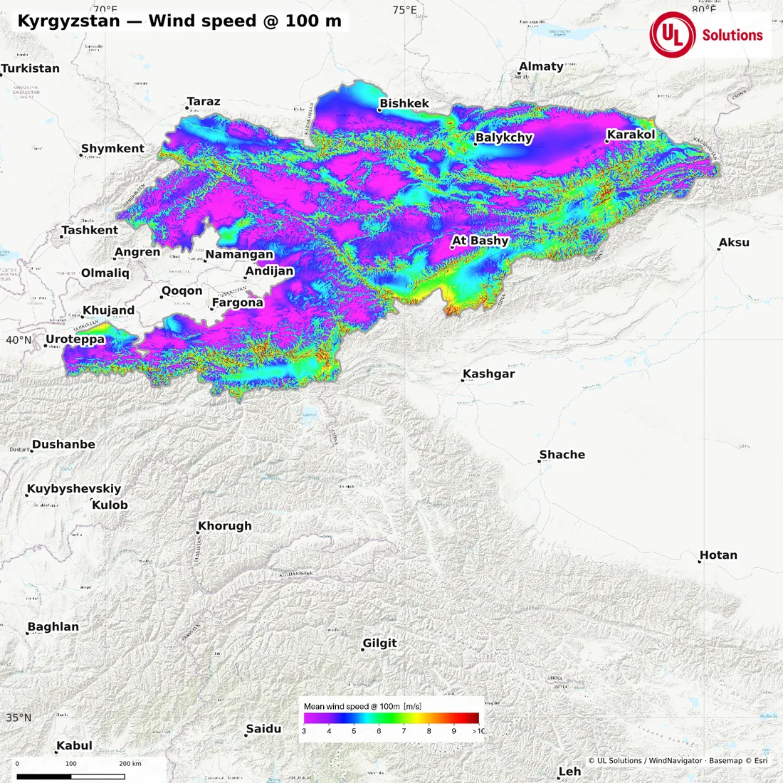 Wind speed map of Kyrgyzstan at 100m hub height