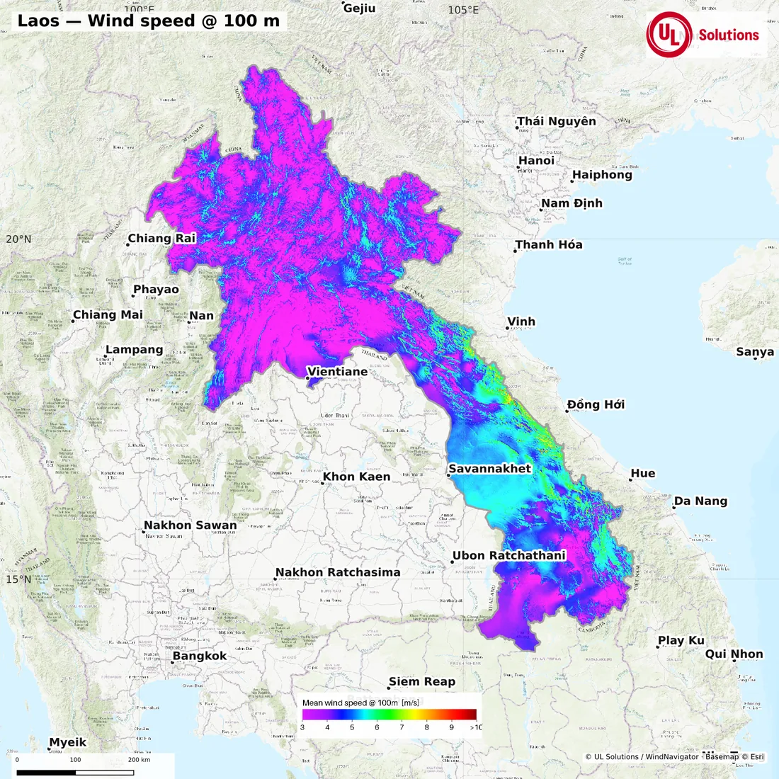 Wind speed map of Laos at 100m hub height
