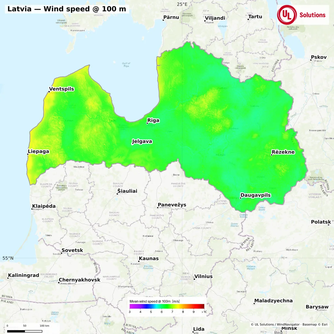 Wind speed map of Latvia at 100m hub height