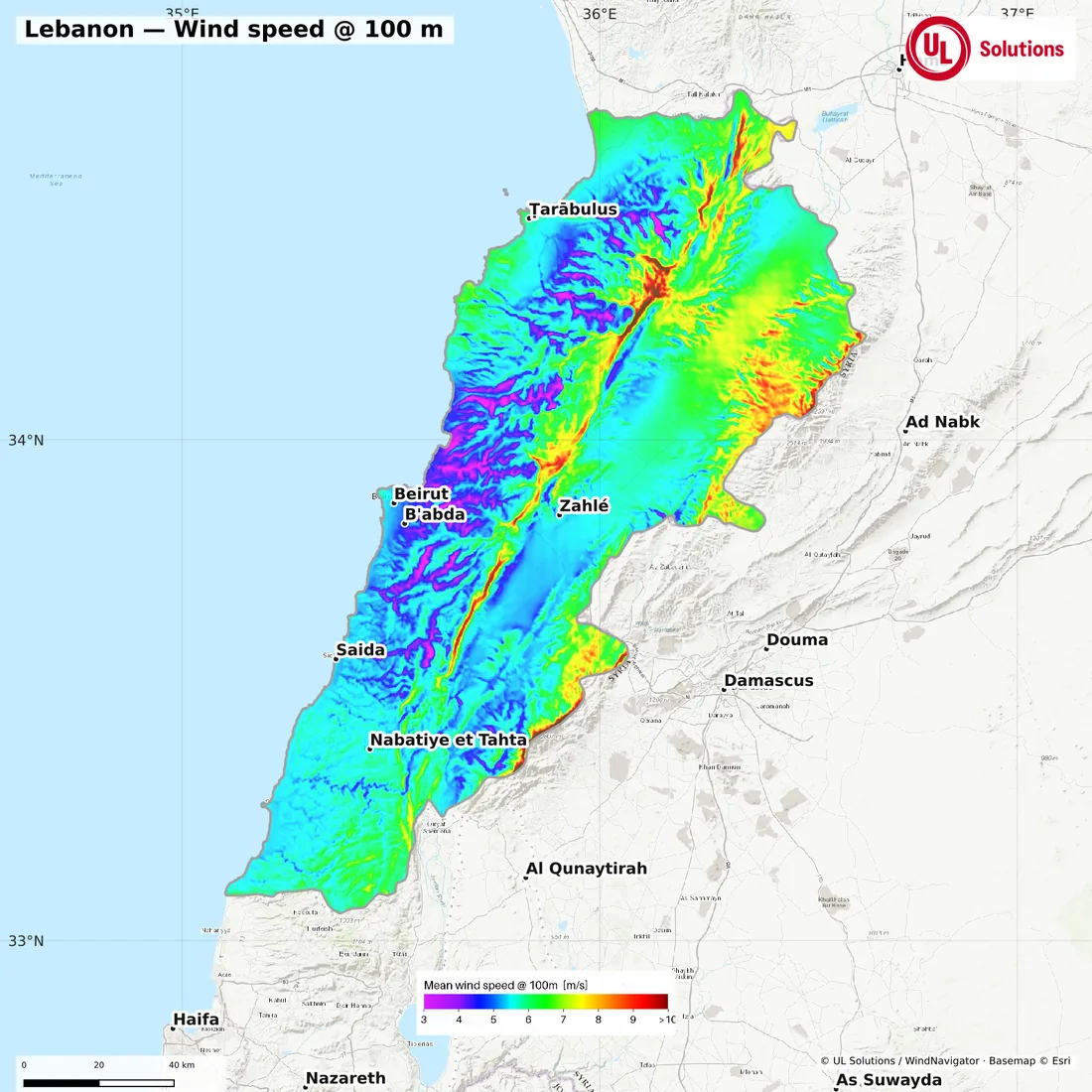 Wind speed map of Lebanon at 100m hub height