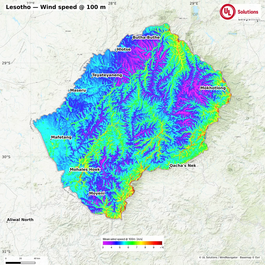 Wind speed map of Lesotho at 100m hub height