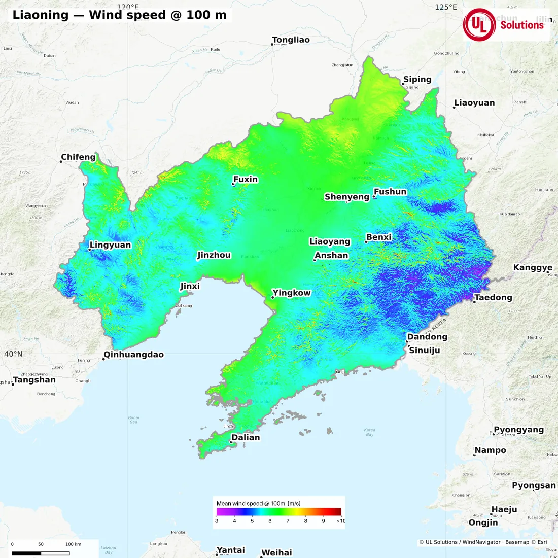 Wind speed map of Liaoning at 100m hub height