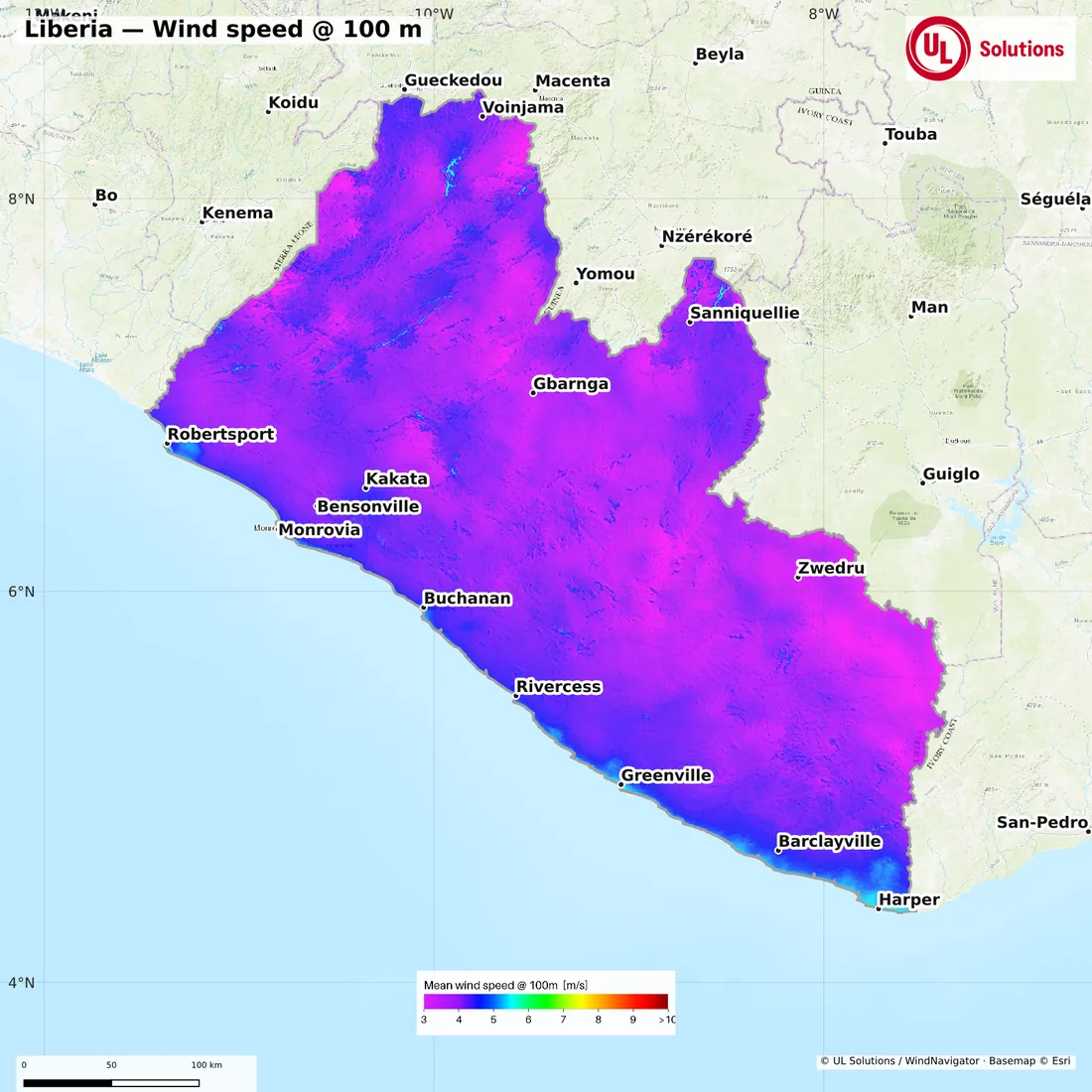 Wind speed map of Liberia at 100m hub height