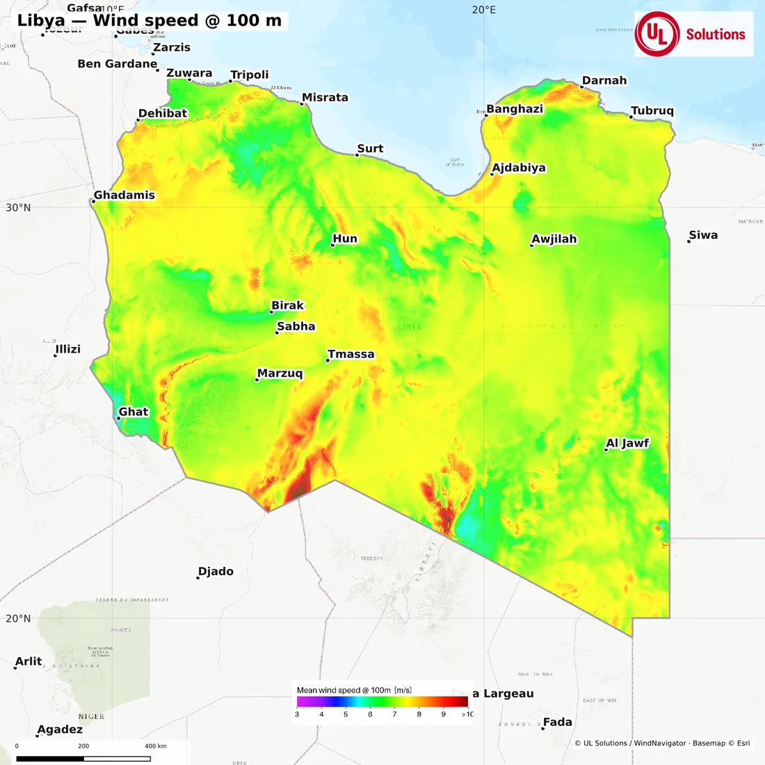 Wind speed map of Libya at 100m hub height