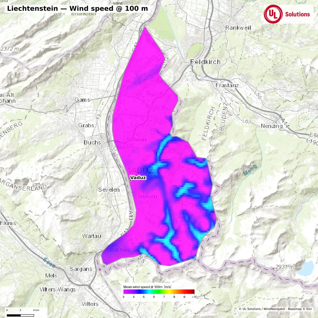 Wind speed map of Liechtenstein at 100m hub height