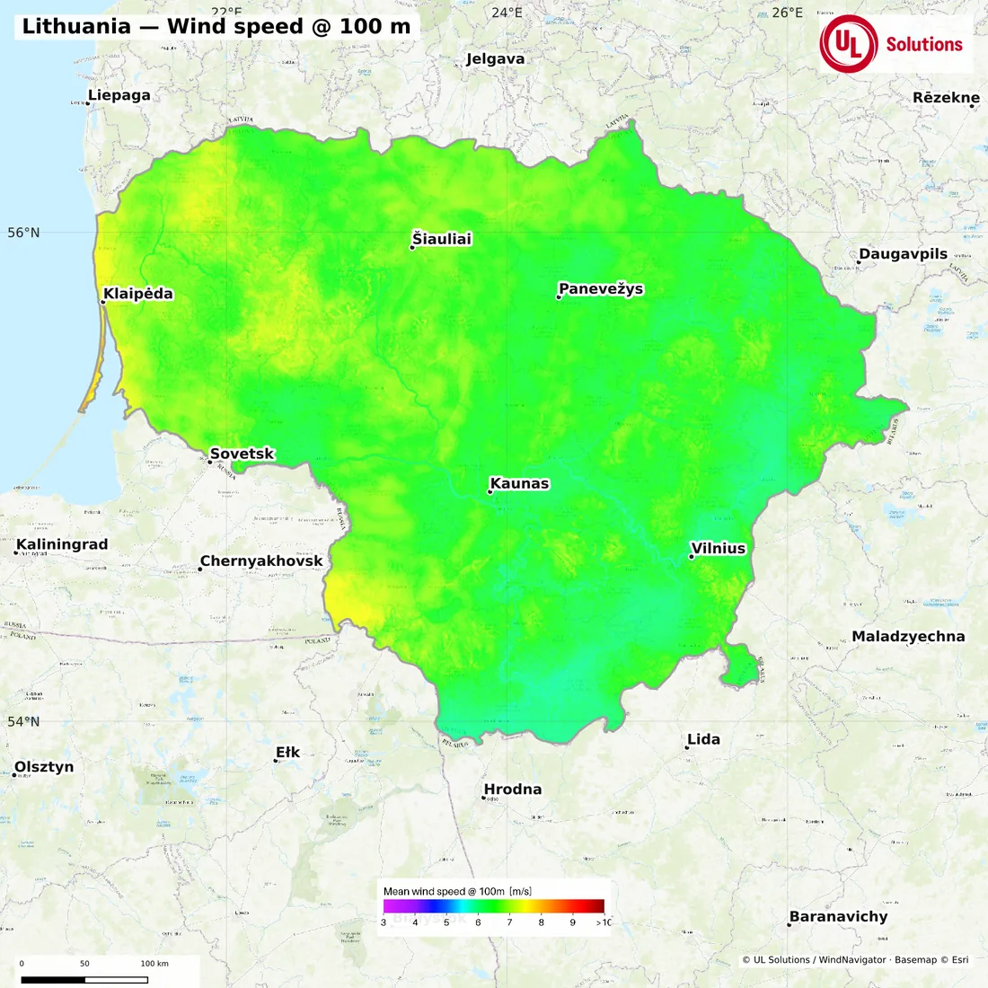 Wind speed map of Lithuania at 100m hub height