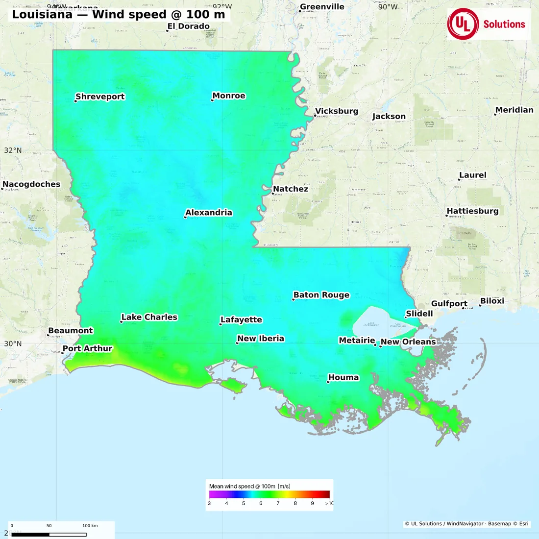Wind speed map of Louisiana at 100m hub height