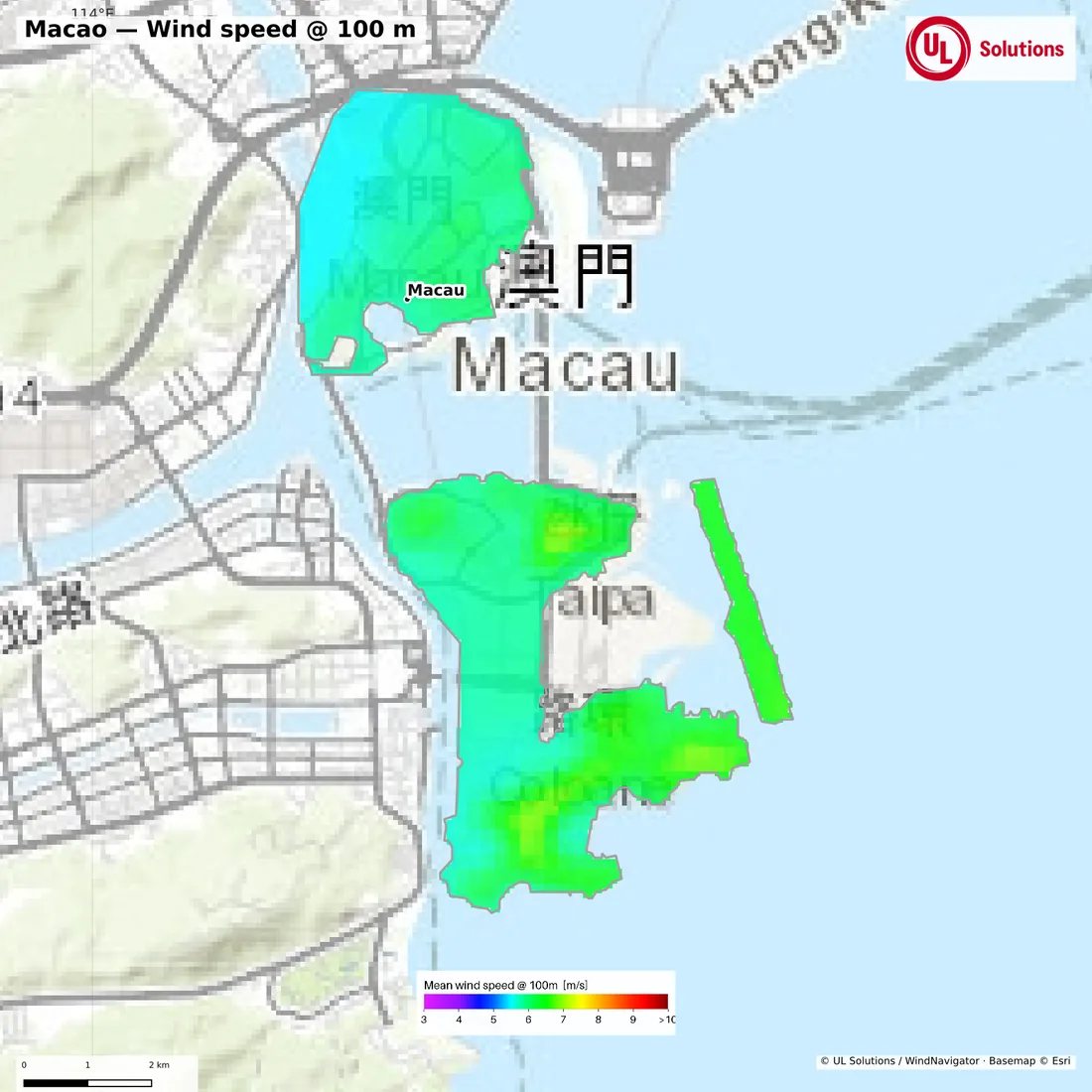 Wind speed map of Macao at 100m hub height