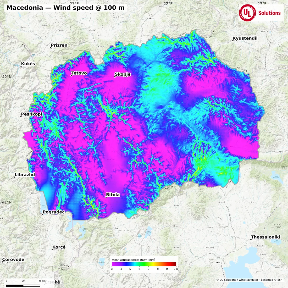 Wind speed map of Macedonia at 100m hub height