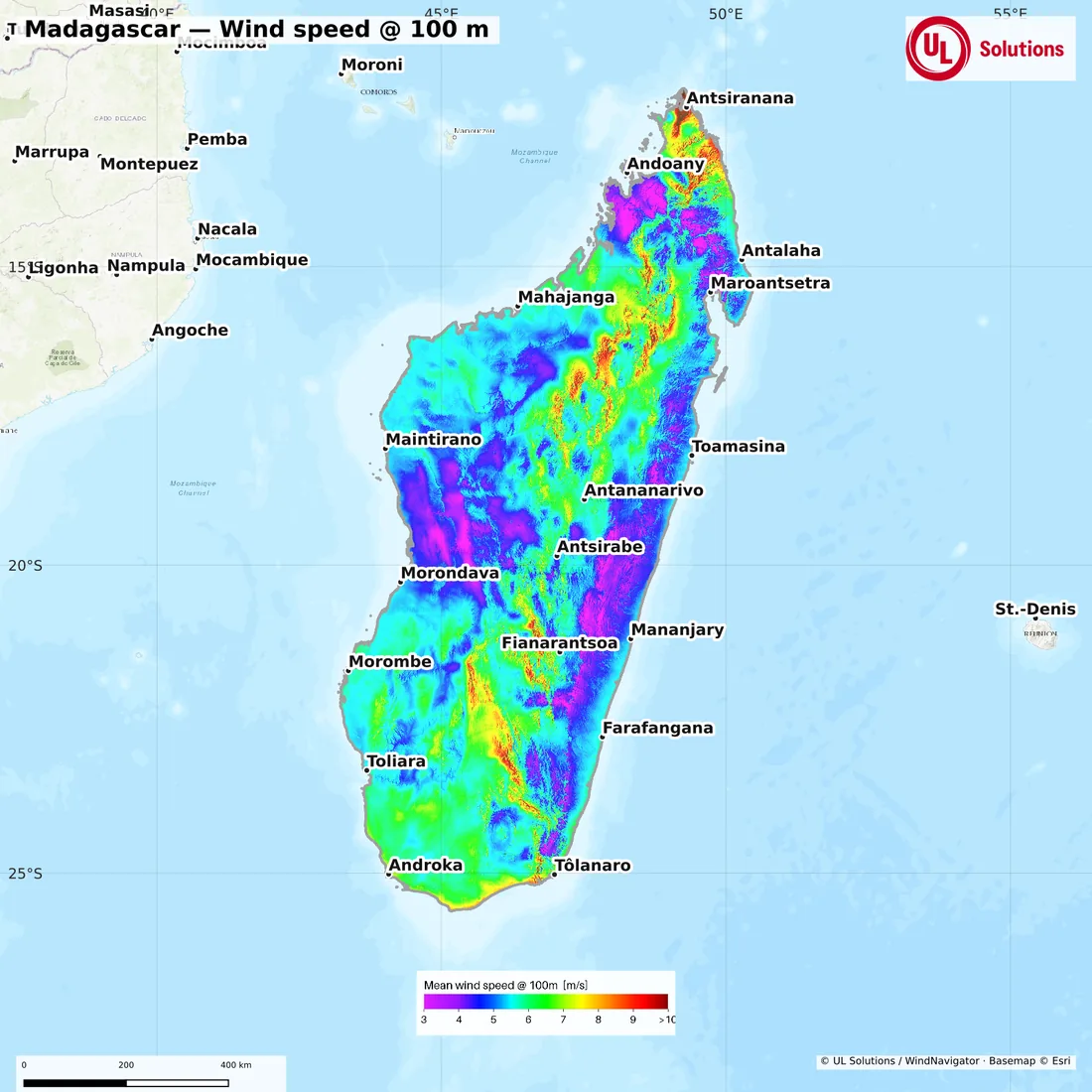 Wind speed map of Madagascar at 100m hub height