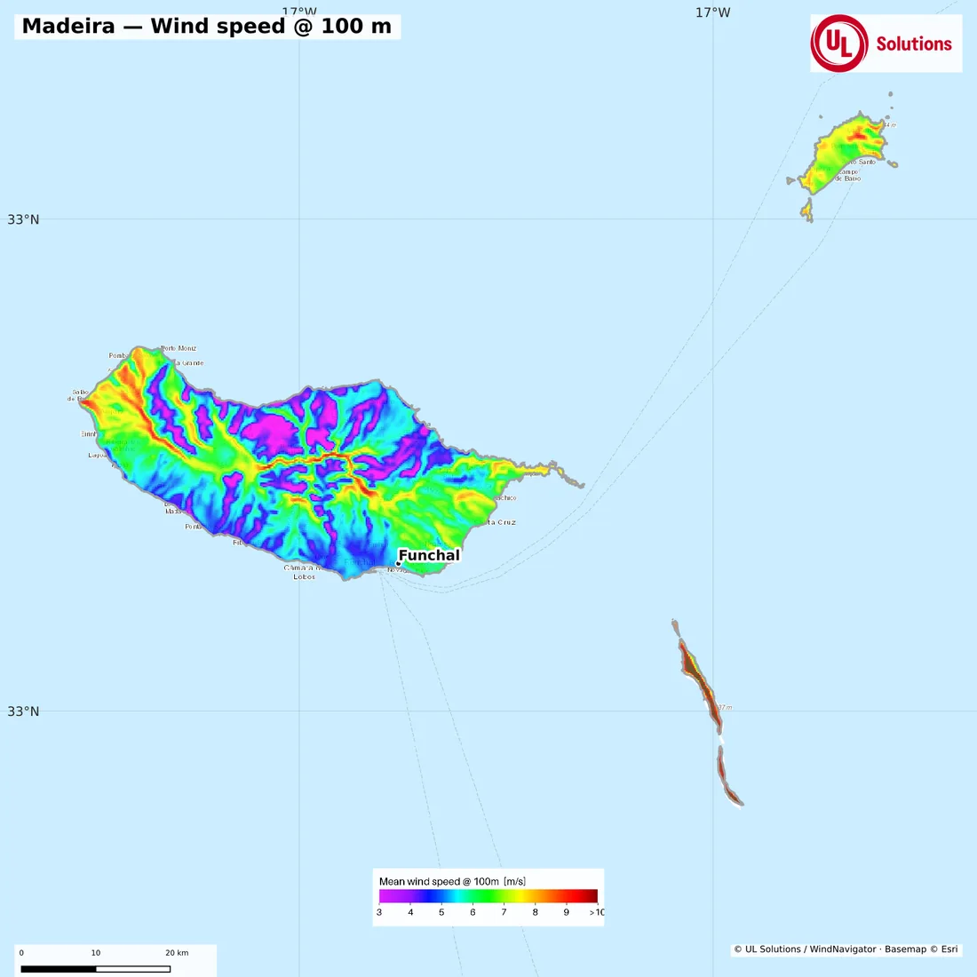 Wind speed map of Madeira at 100m hub height