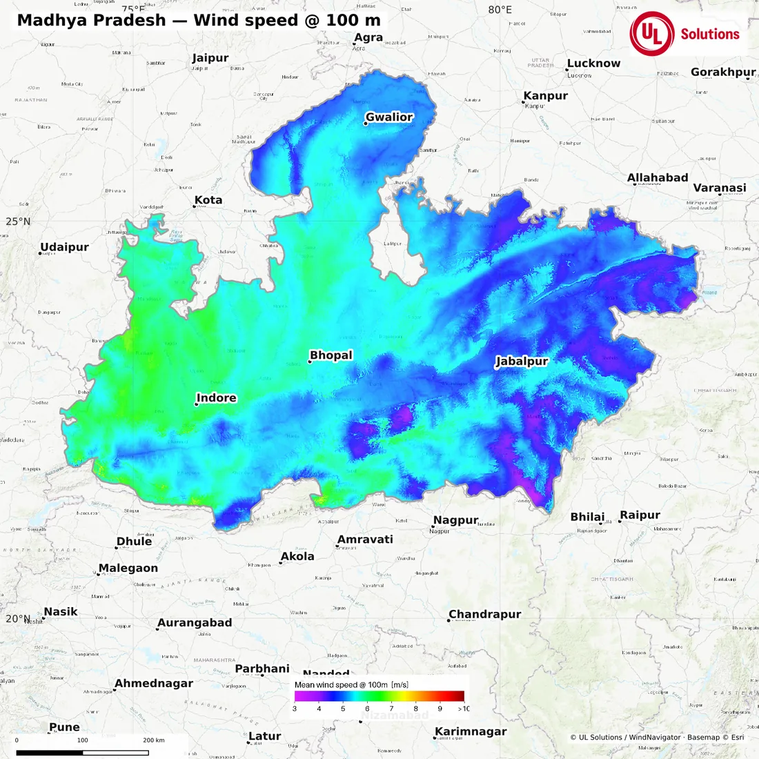Wind speed map of Madhya Pradesh at 100m hub height