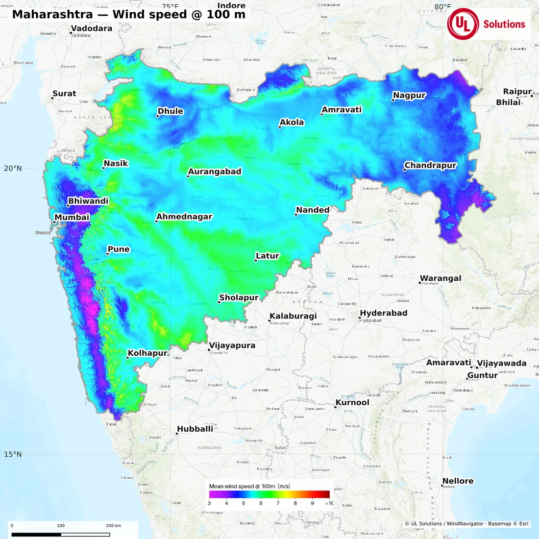 Wind speed map of Maharashtra at 100m hub height