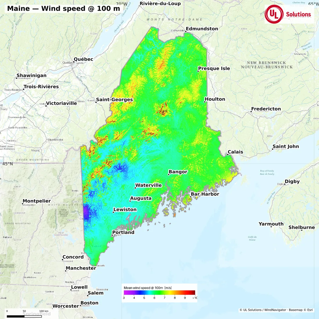 Wind speed map of Maine at 100m hub height