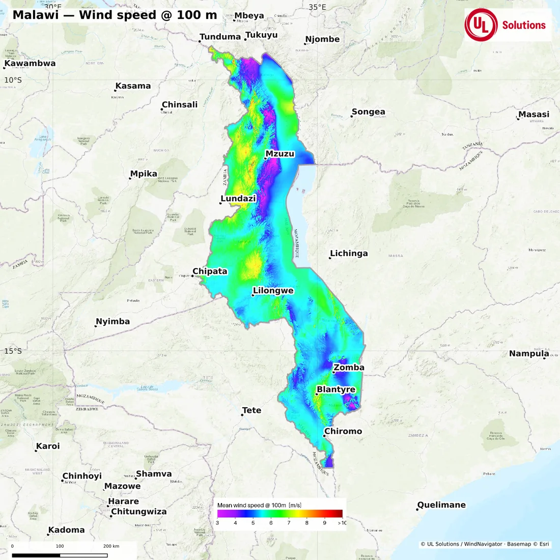 Wind speed map of Malawi at 100m hub height