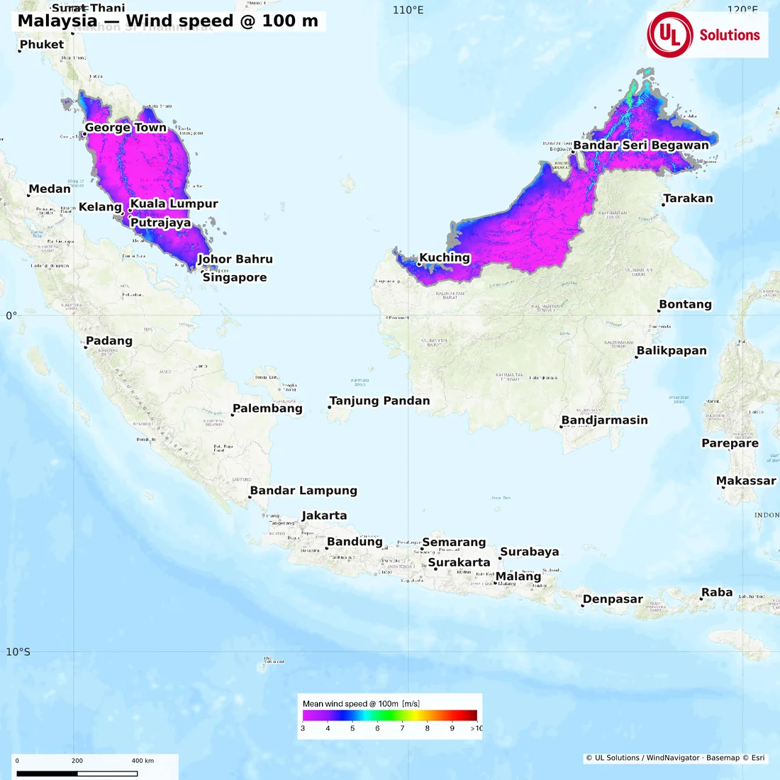 Wind speed map of Malaysia at 100m hub height