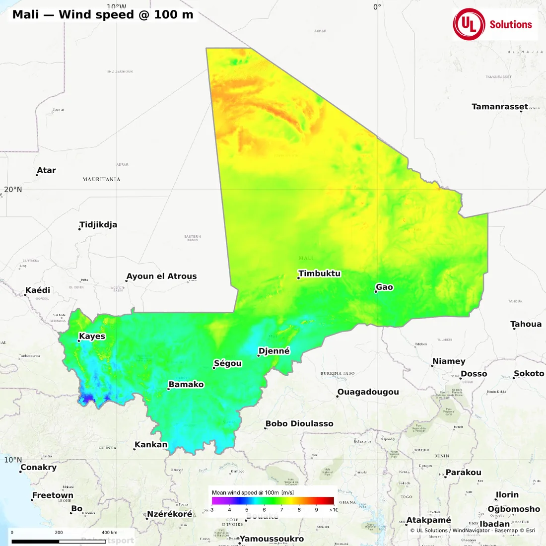 Wind speed map of Mali at 100m hub height