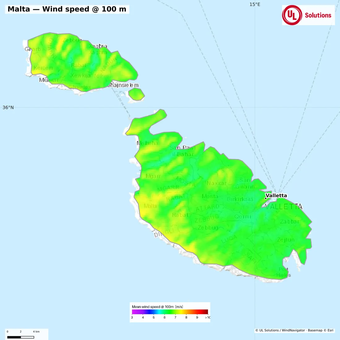 Wind speed map of Malta at 100m hub height