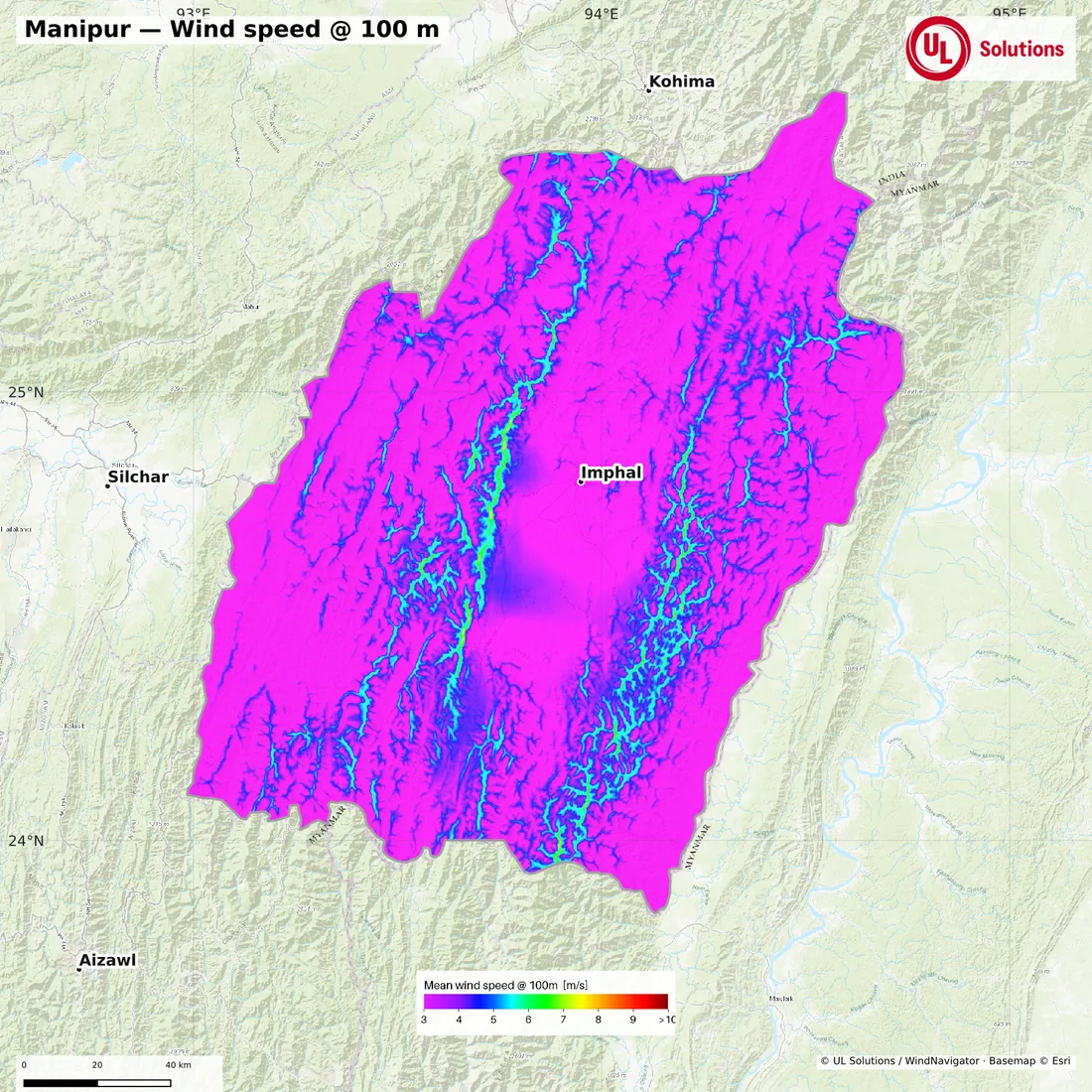 Wind speed map of Manipur at 100m hub height