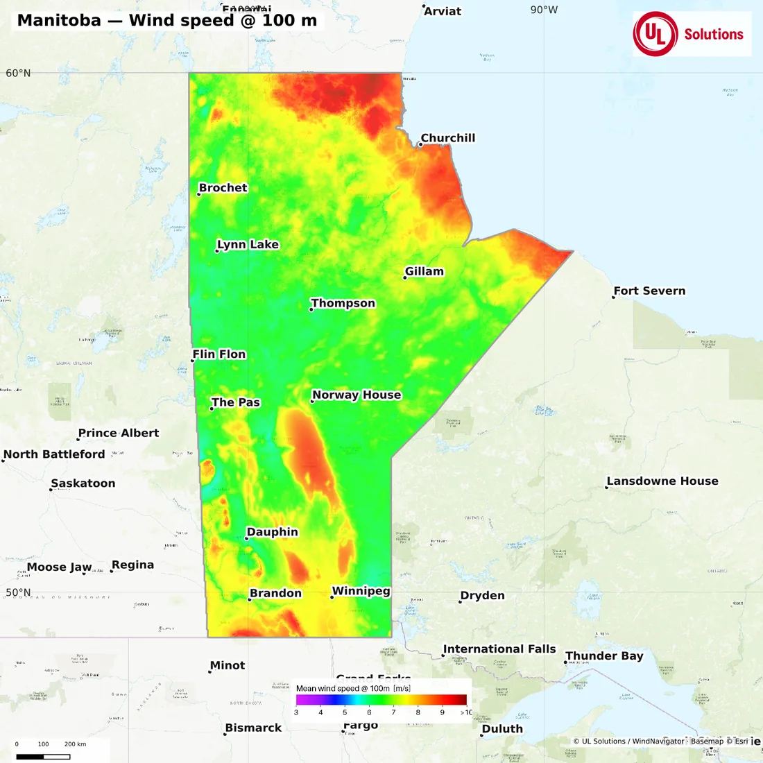 Wind speed map of Manitoba at 100m hub height