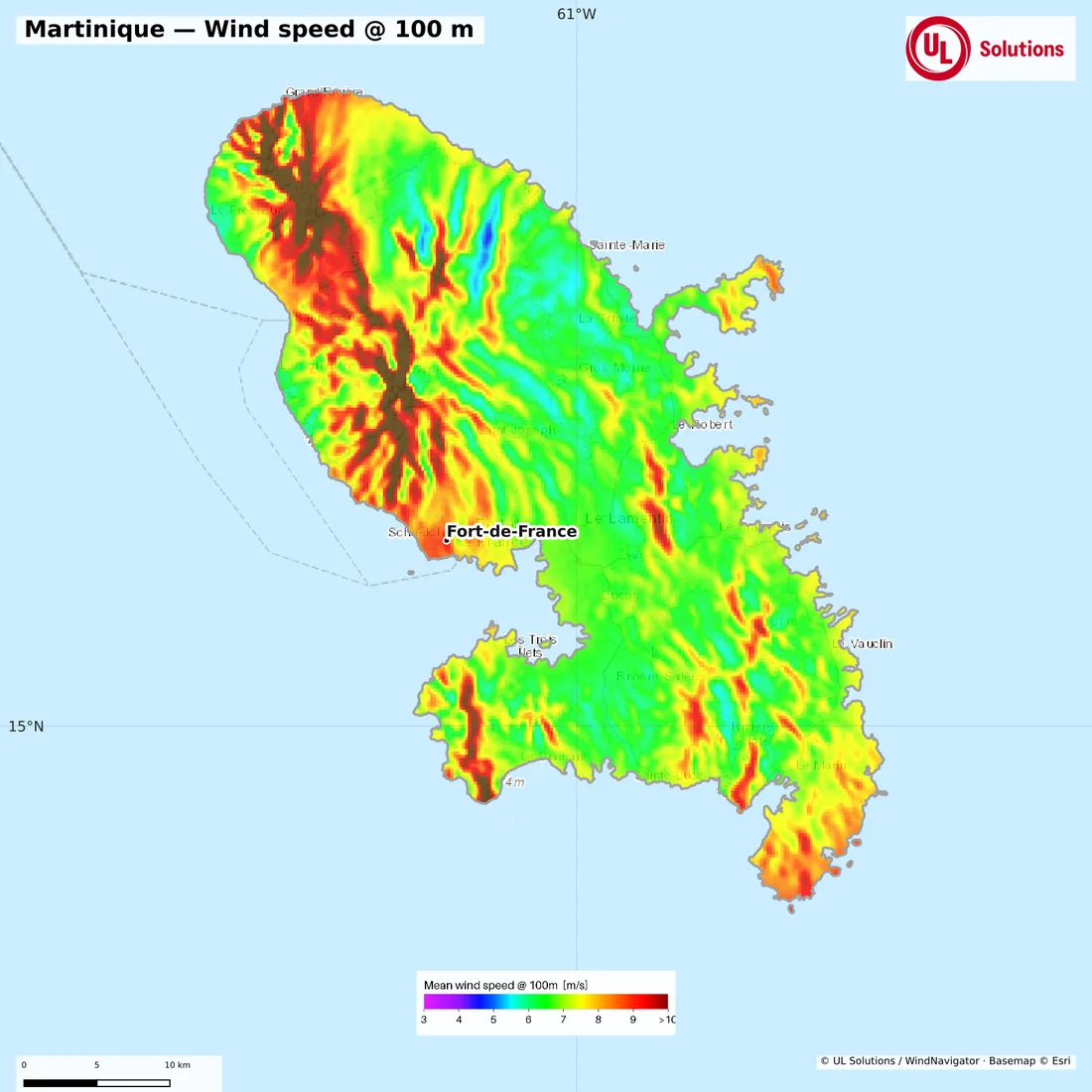 Wind speed map of Martinique at 100m hub height
