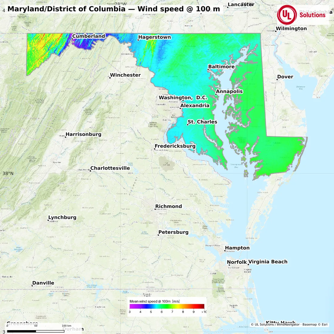 Wind speed map of Maryland/District of Columbia at 100m hub height