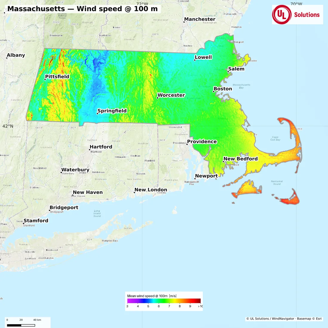 Wind speed map of Massachusetts at 100m hub height