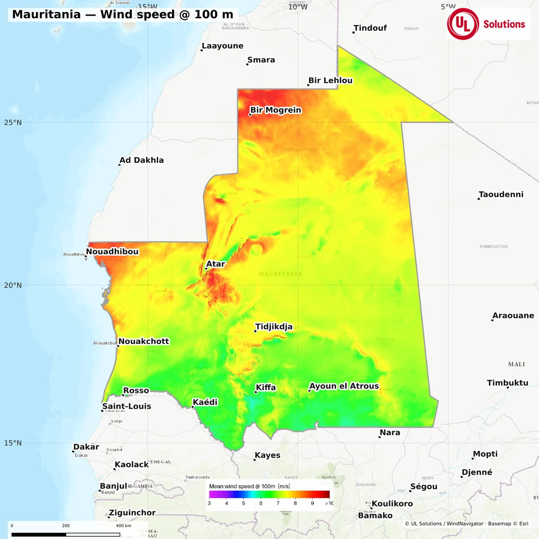 Wind speed map of Mauritania at 100m hub height