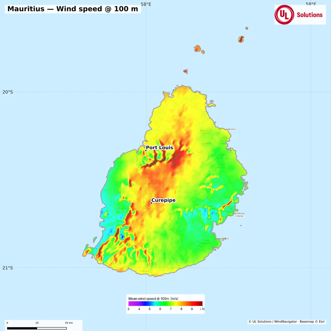 Wind speed map of Mauritius at 100m hub height