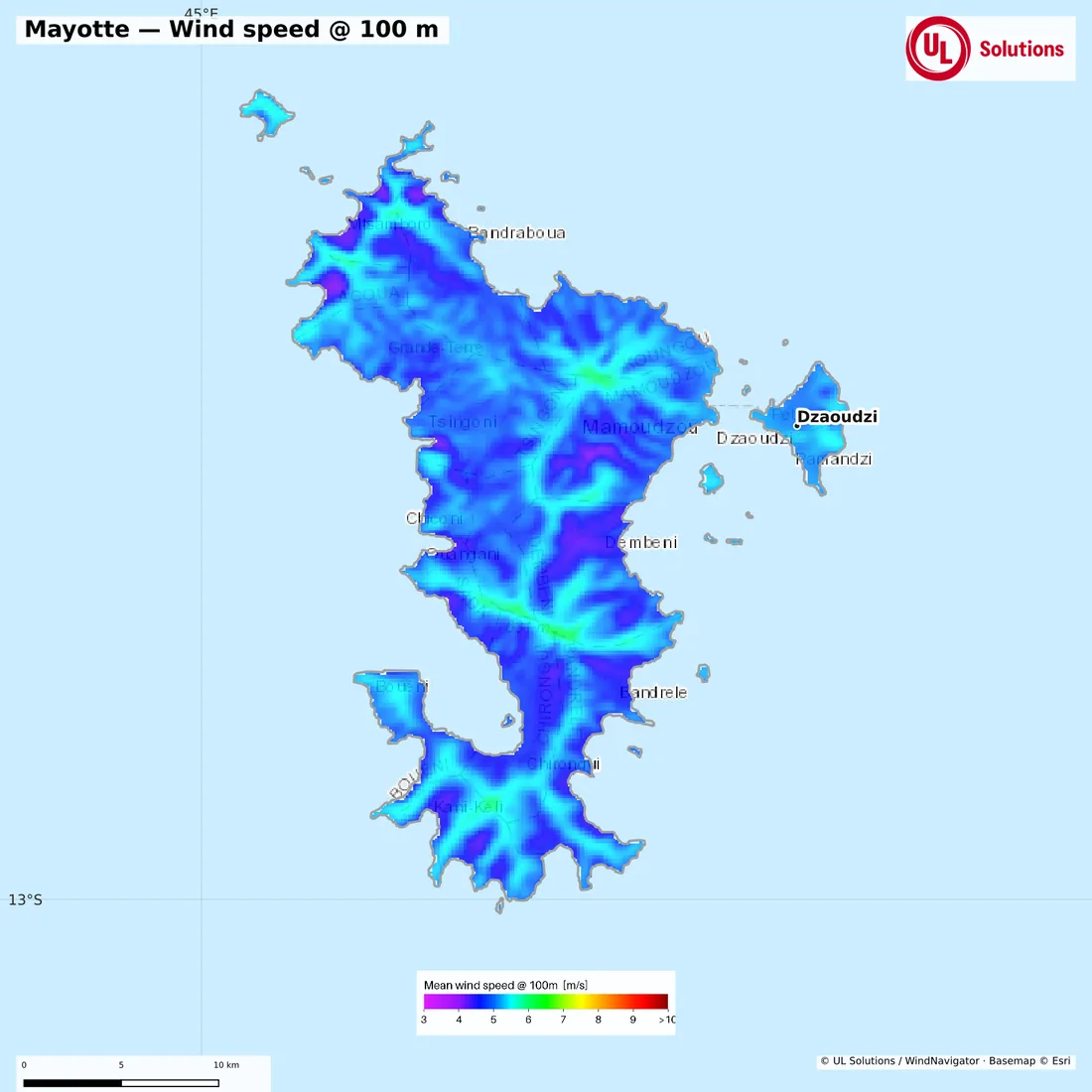 Wind speed map of Mayotte at 100m hub height