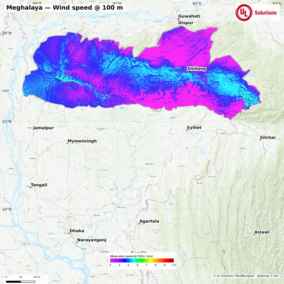 Wind speed map of Meghalaya at 100m hub height