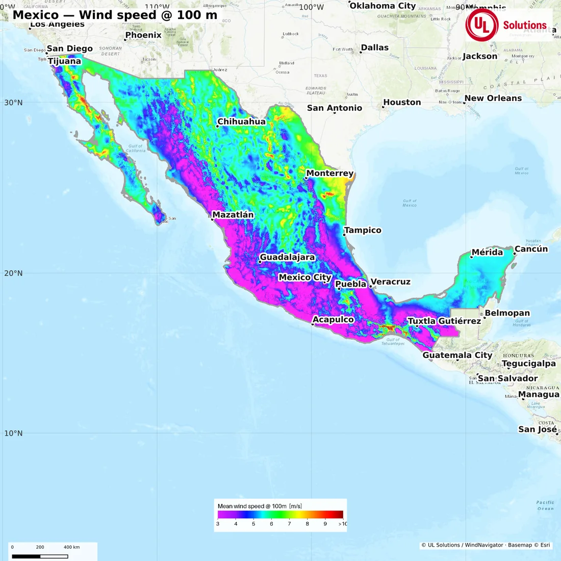 Wind speed map of Mexico at 100m hub height