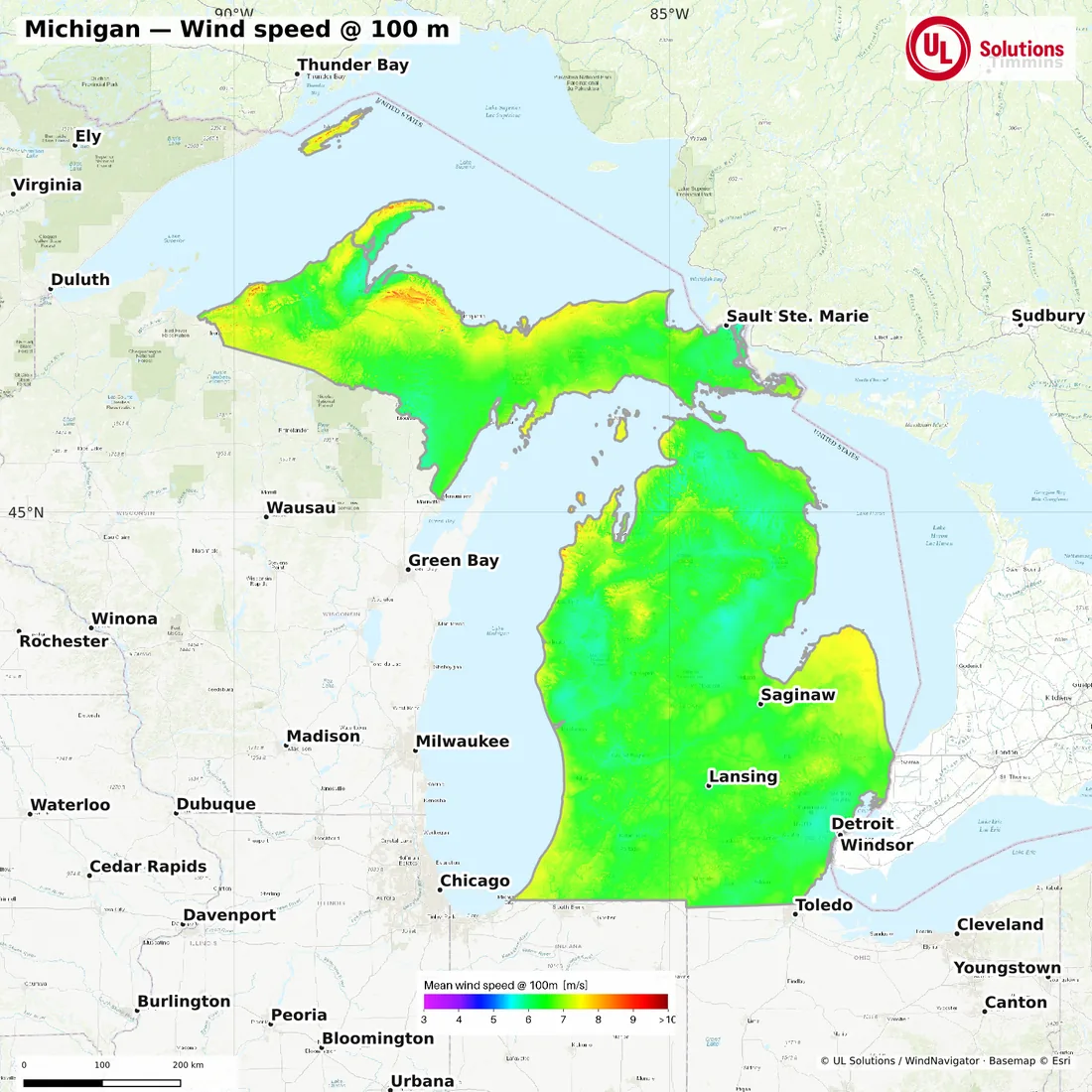 Wind speed map of Michigan at 100m hub height