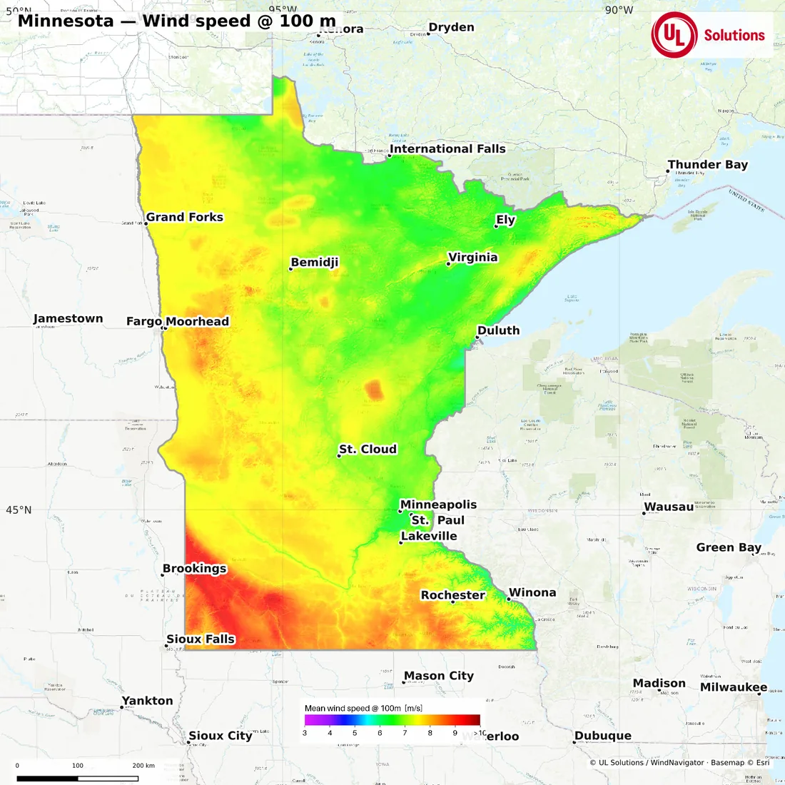 Wind speed map of Minnesota at 100m hub height