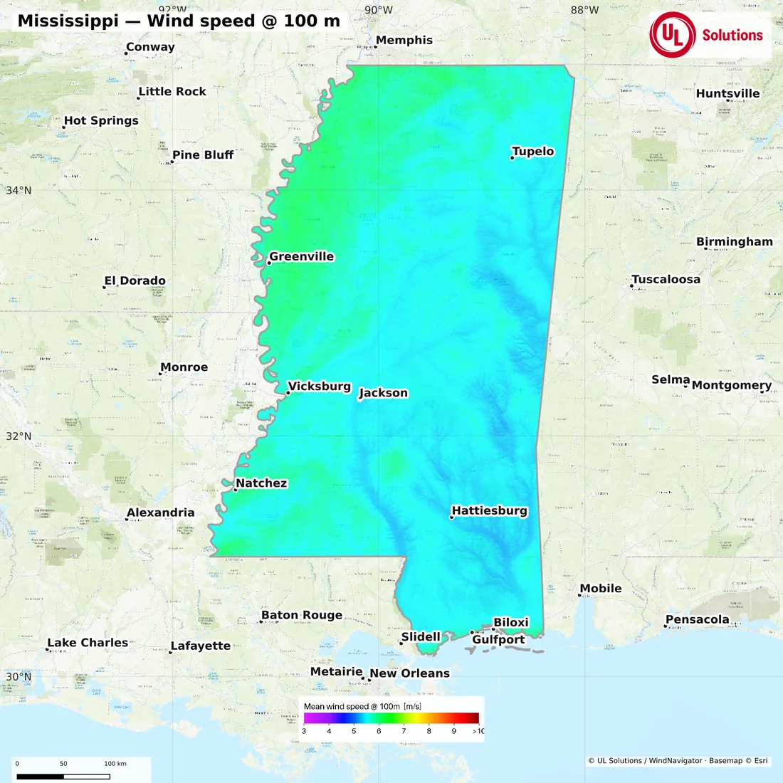 Wind speed map of Mississippi at 100m hub height