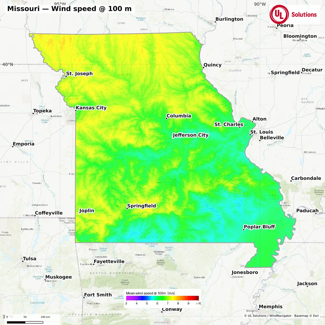 Wind speed map of Missouri at 100m hub height