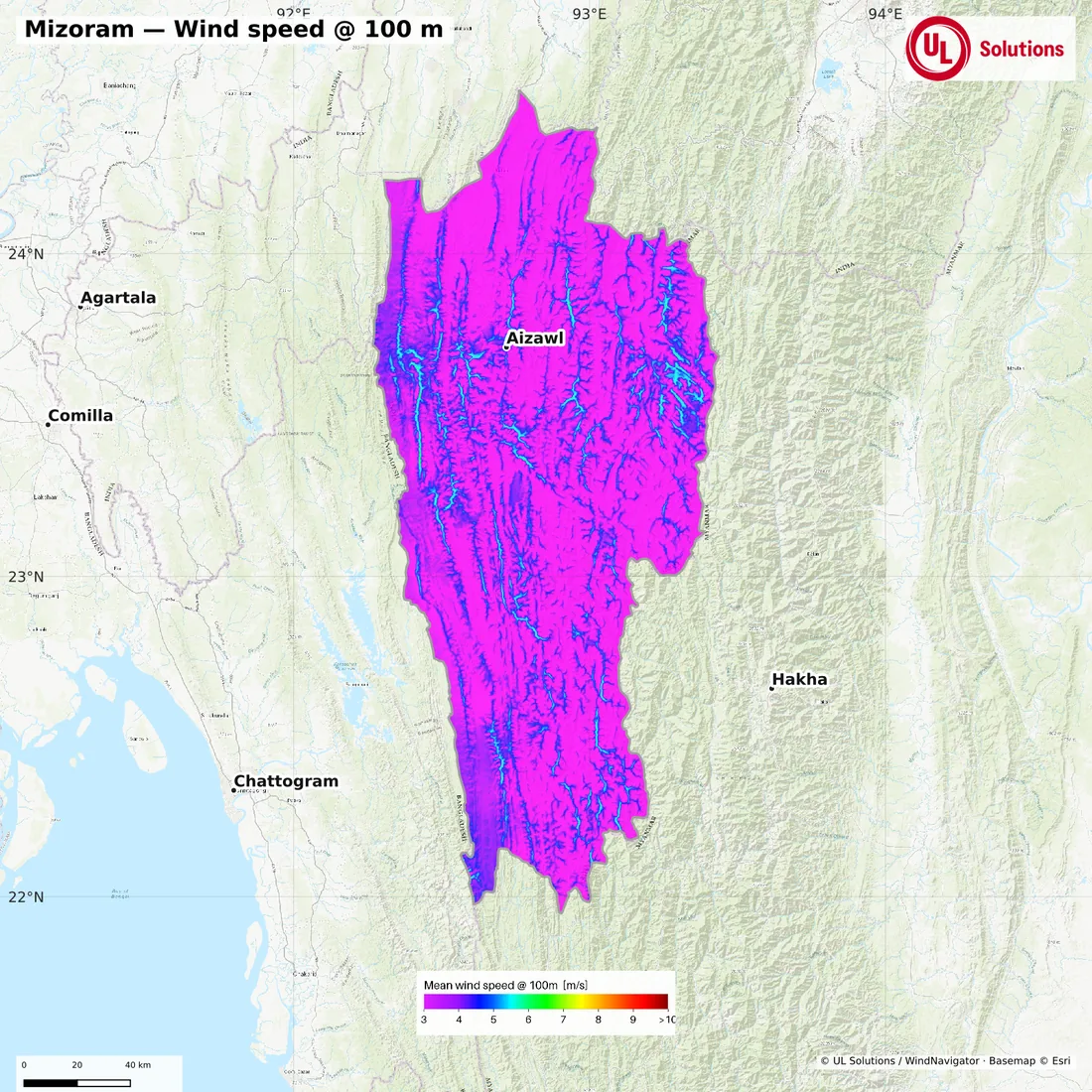 Wind speed map of Mizoram at 100m hub height