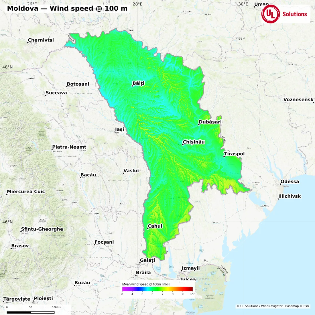 Wind speed map of Moldova at 100m hub height