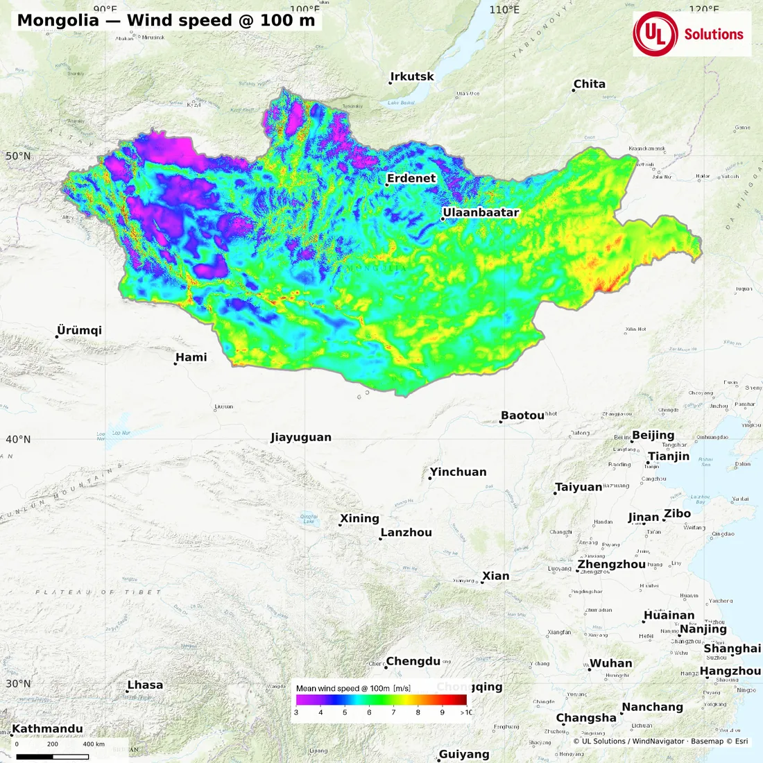 Wind speed map of Mongolia at 100m hub height