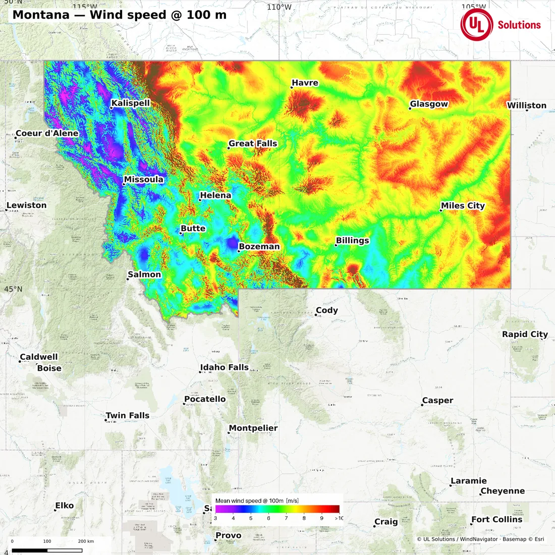 Wind speed map of Montana at 100m hub height