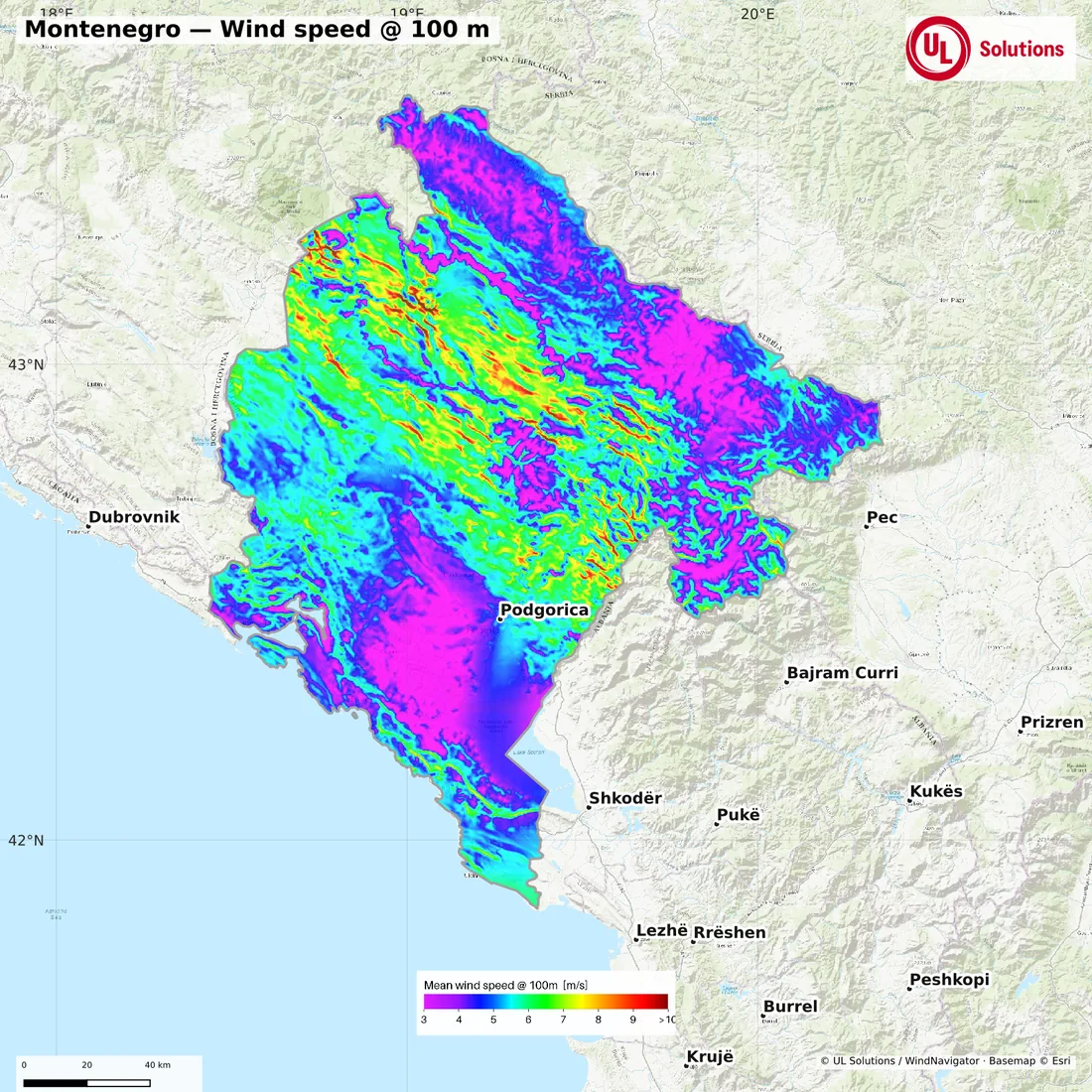 Wind speed map of Montenegro at 100m hub height