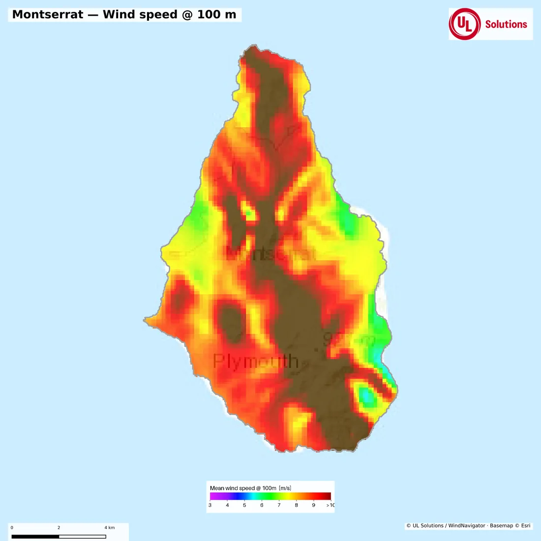 Wind speed map of Montserrat at 100m hub height