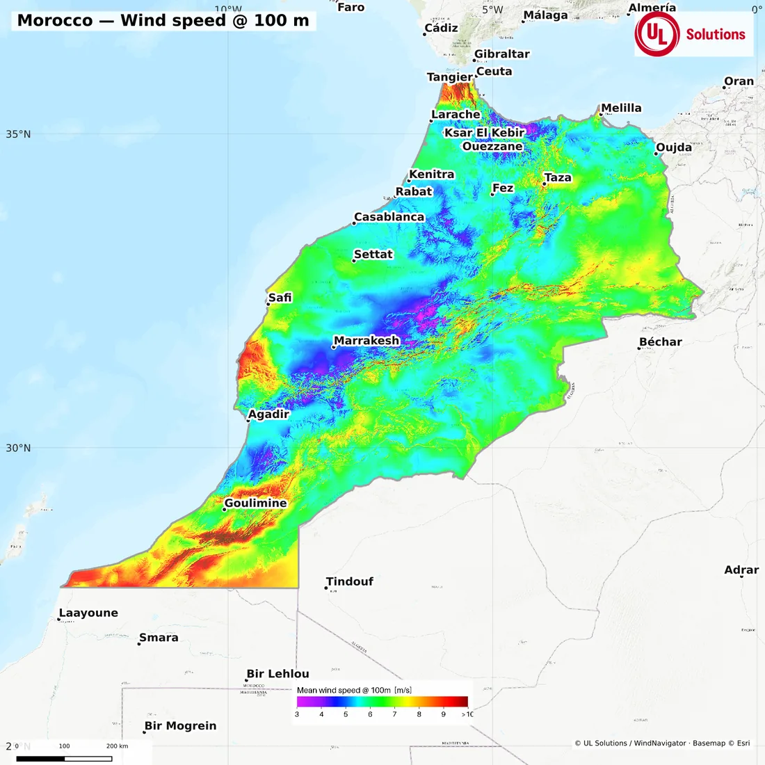 Wind speed map of Morocco at 100m hub height
