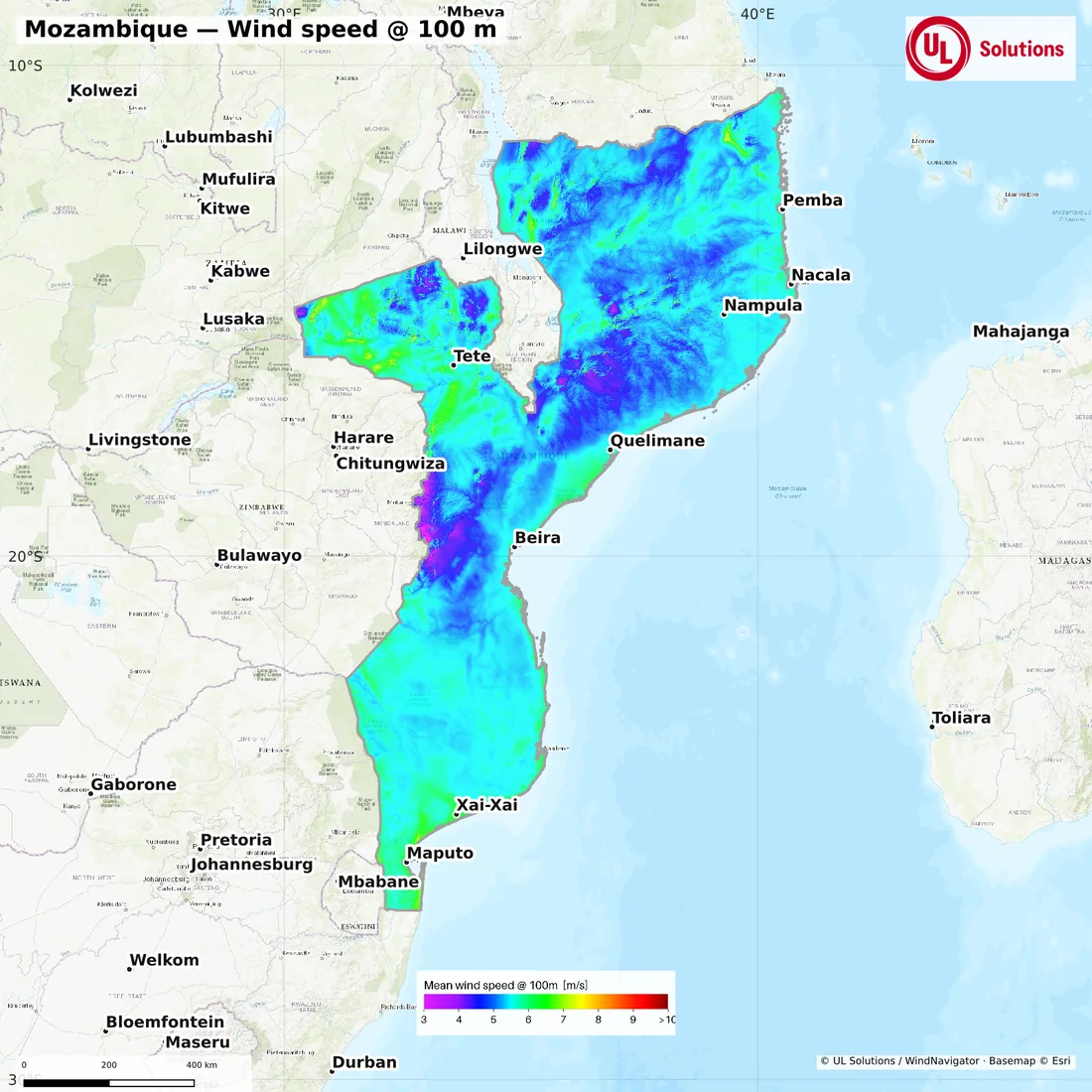 Wind speed map of Mozambique at 100m hub height
