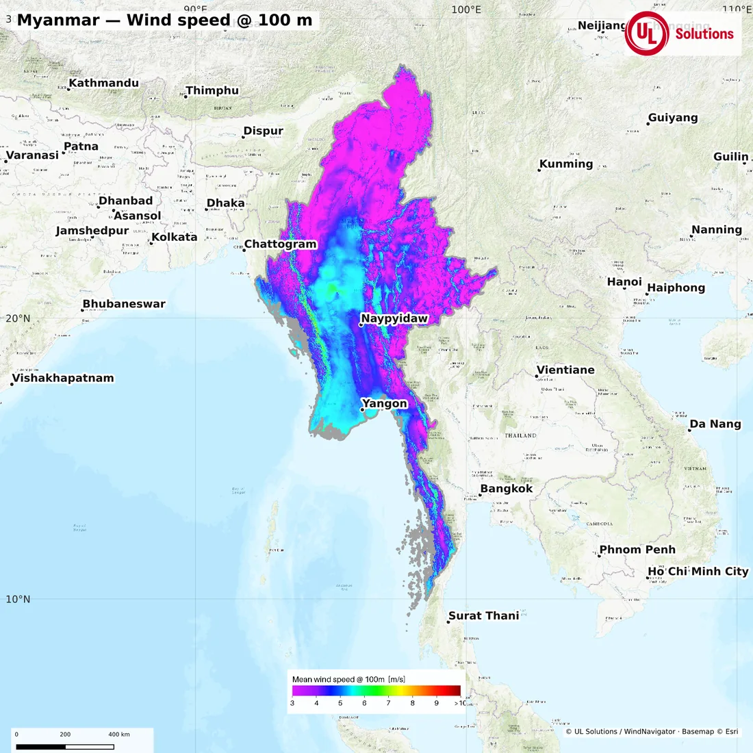 Wind speed map of Myanmar at 100m hub height